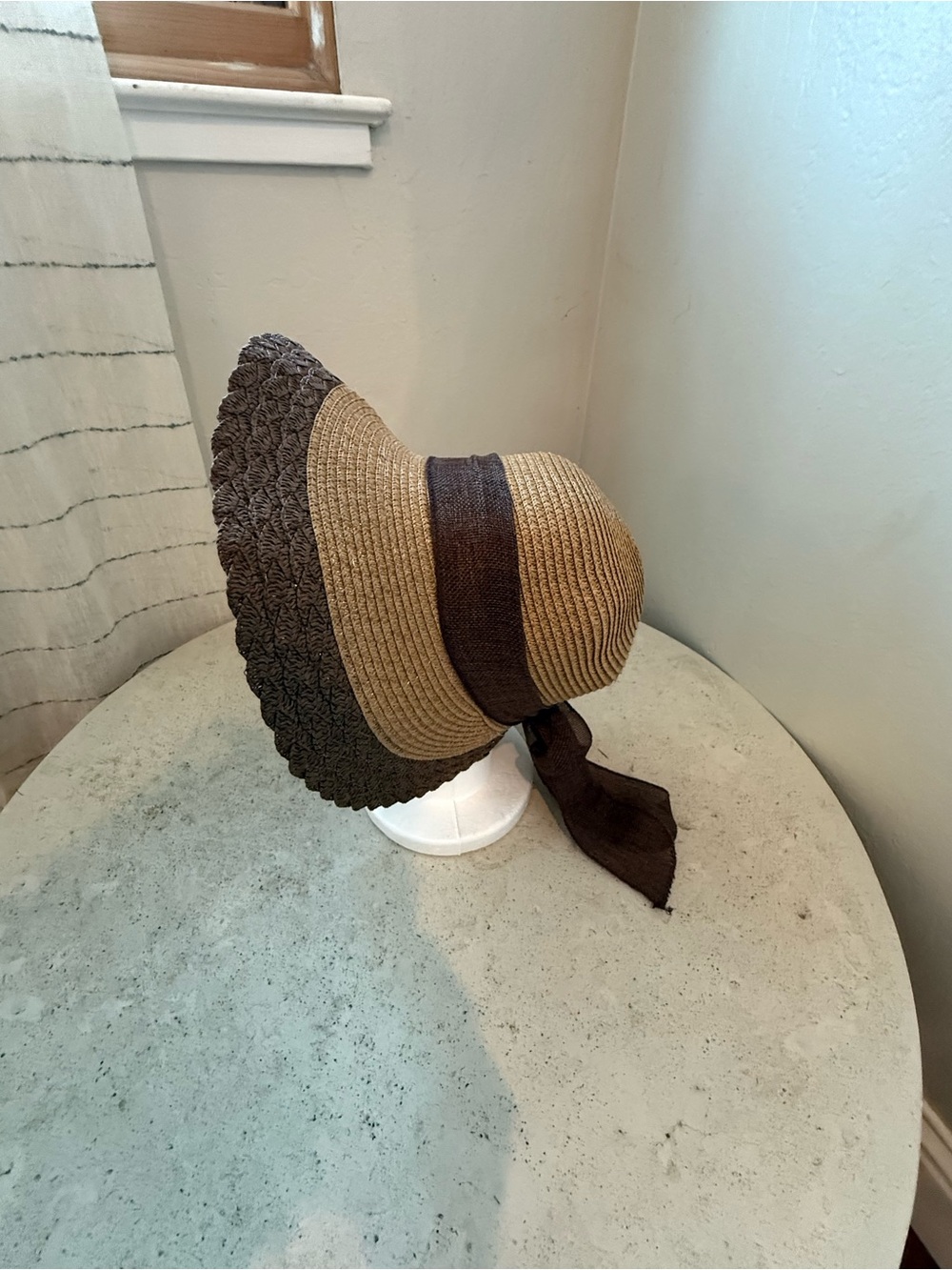 Two-Tone Straw Sun Hat with Dark Brown Ribbon
